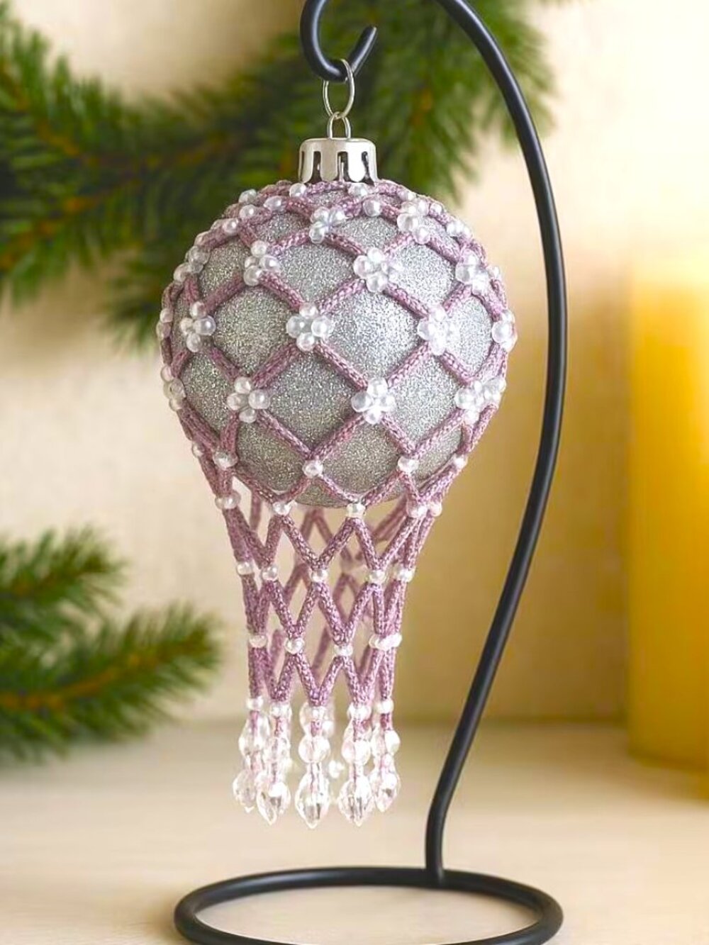 Beaded Ornament Cover - Amethyst & Clear Crystal Decoration